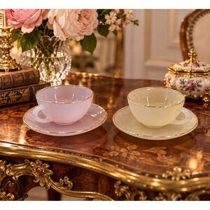 Arcopal France Pastel Opale Cups & Saucers: Gold Rim Harlequin Set(4-b0)